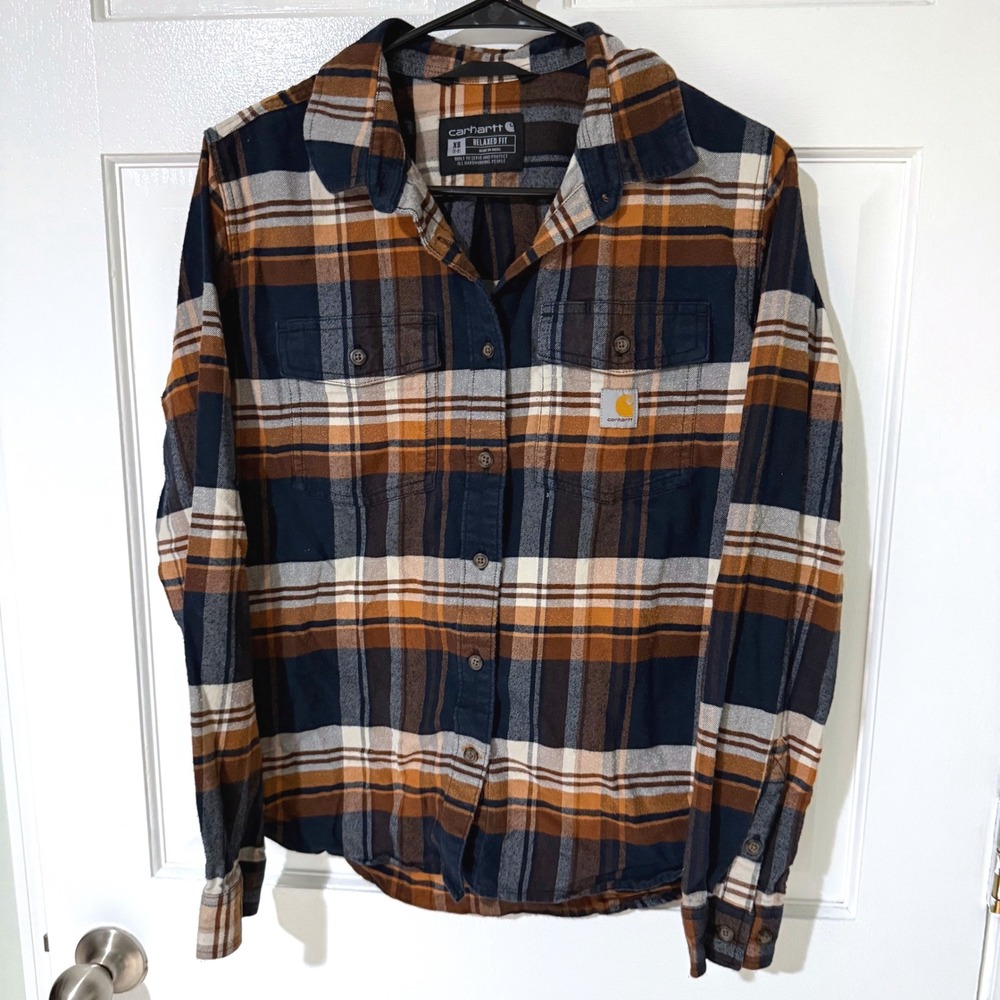 Carhartt Womens XS Relaxed Fit Flannel Shirt Plaid Navy Orange Button Down